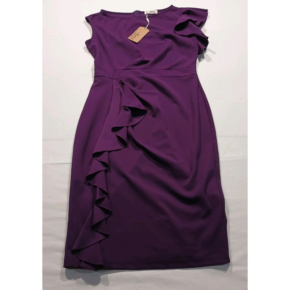 Aisize Ruffle Sheath Dress Womens L Purple Bodycon Midi Cocktail Vintage NWT